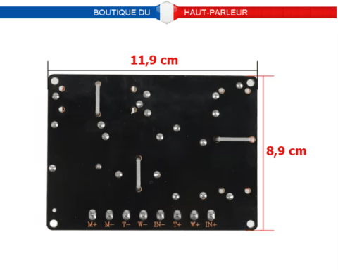 Filtre haut-parleur 3 voies 45-5000 Hz, 200 watts, 8 ohms fimensions et branchements