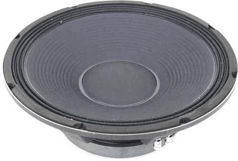 Subwoofer pro 38 cm 8 ohms 800 watts 97dB suspensions tissus chassis alu moulé branchement par bornier à poussoir doré