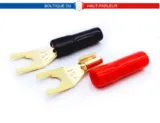 Paire de cosses fourche dorées pour haut-parleur à sertir ou à souder cable jusqu'à 4 mm²